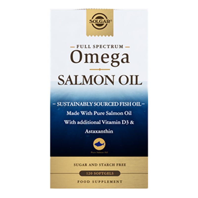 Solgar Full Spectrum Omega Salmon Oil supplements in a white and blue box