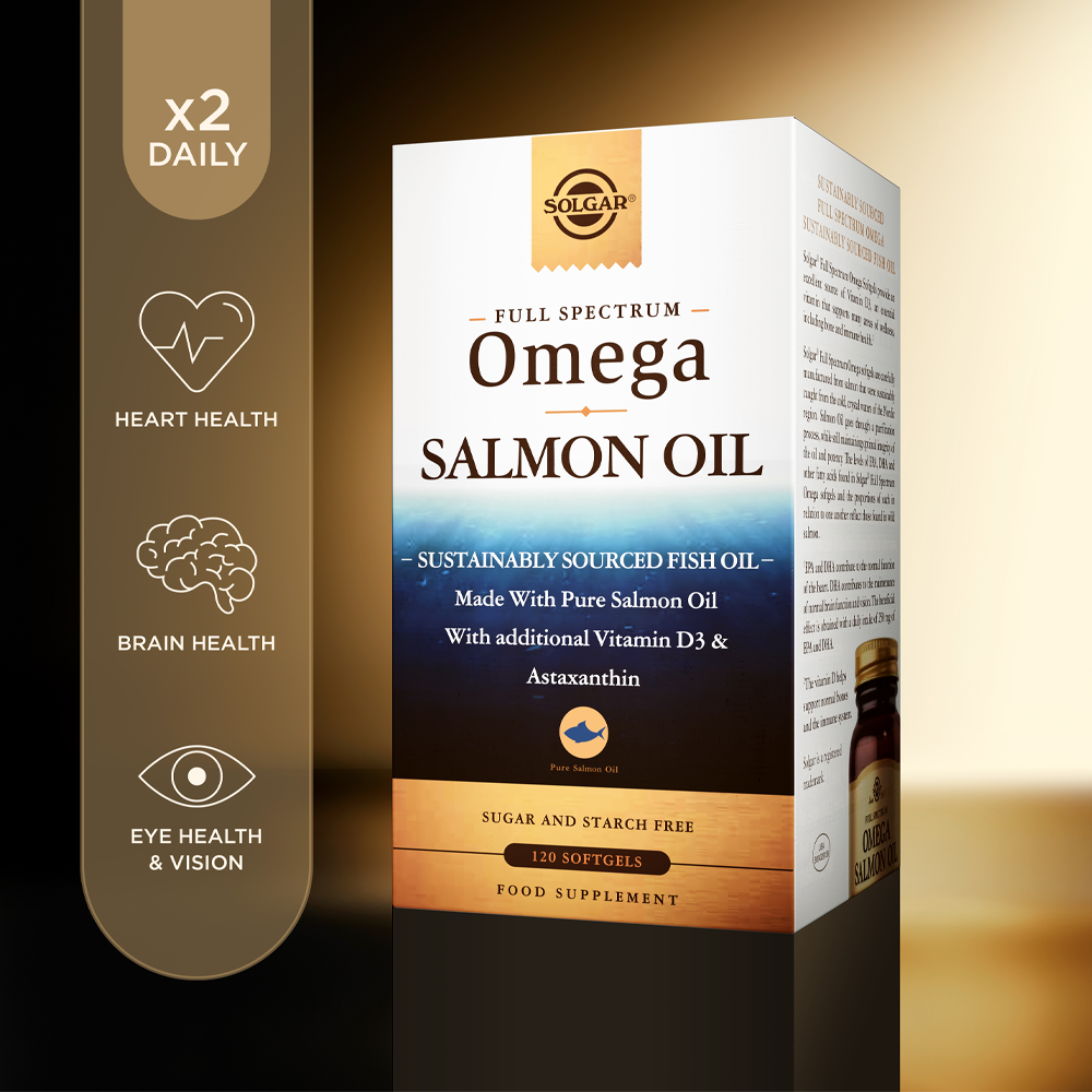 Solgar Full Spectrum Omega Salmon Oil supplements in a cardboard box