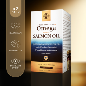 Solgar Full Spectrum Omega Salmon Oil supplements in a cardboard box