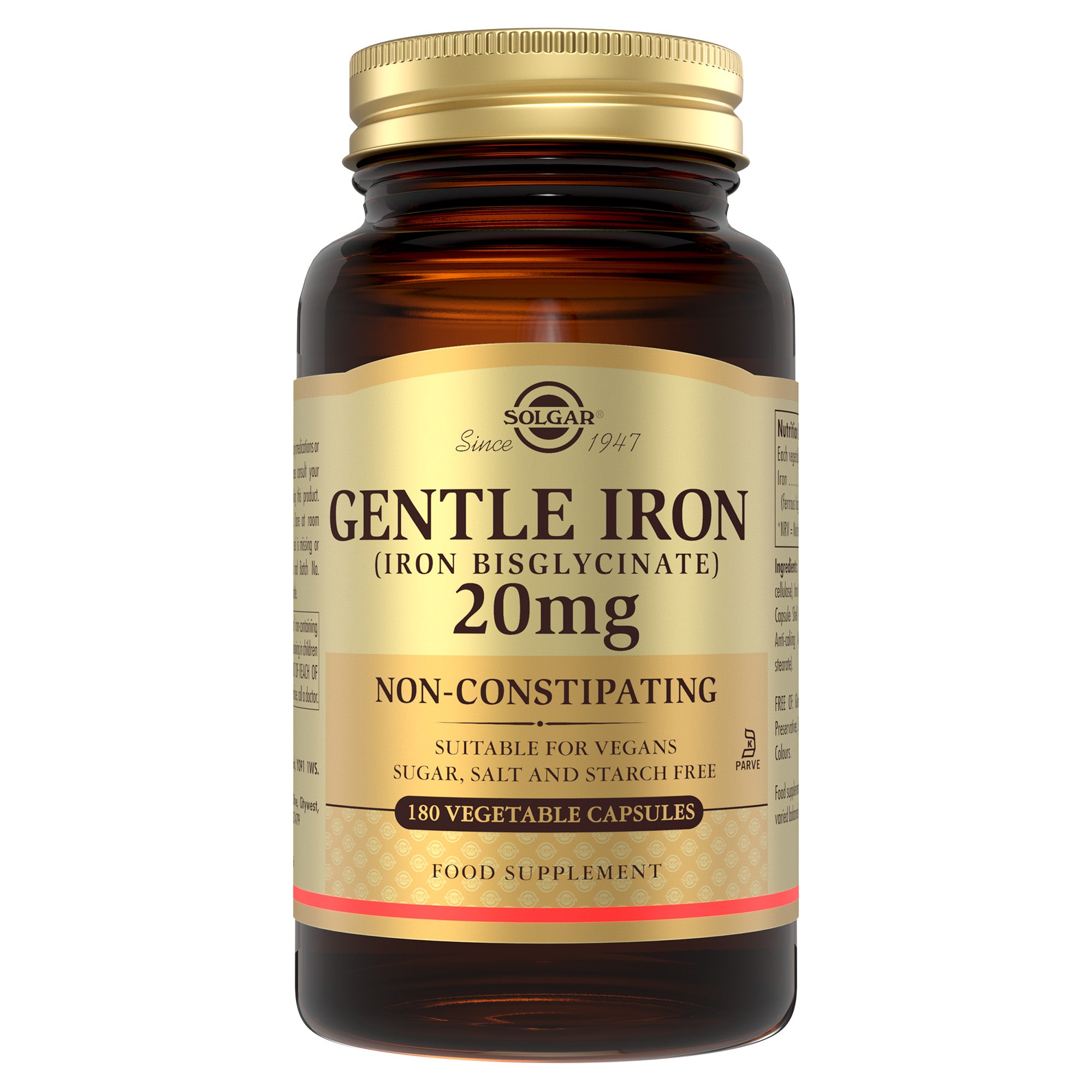 Solgar Gentle Iron supplements in a glass bottle with a gold lid