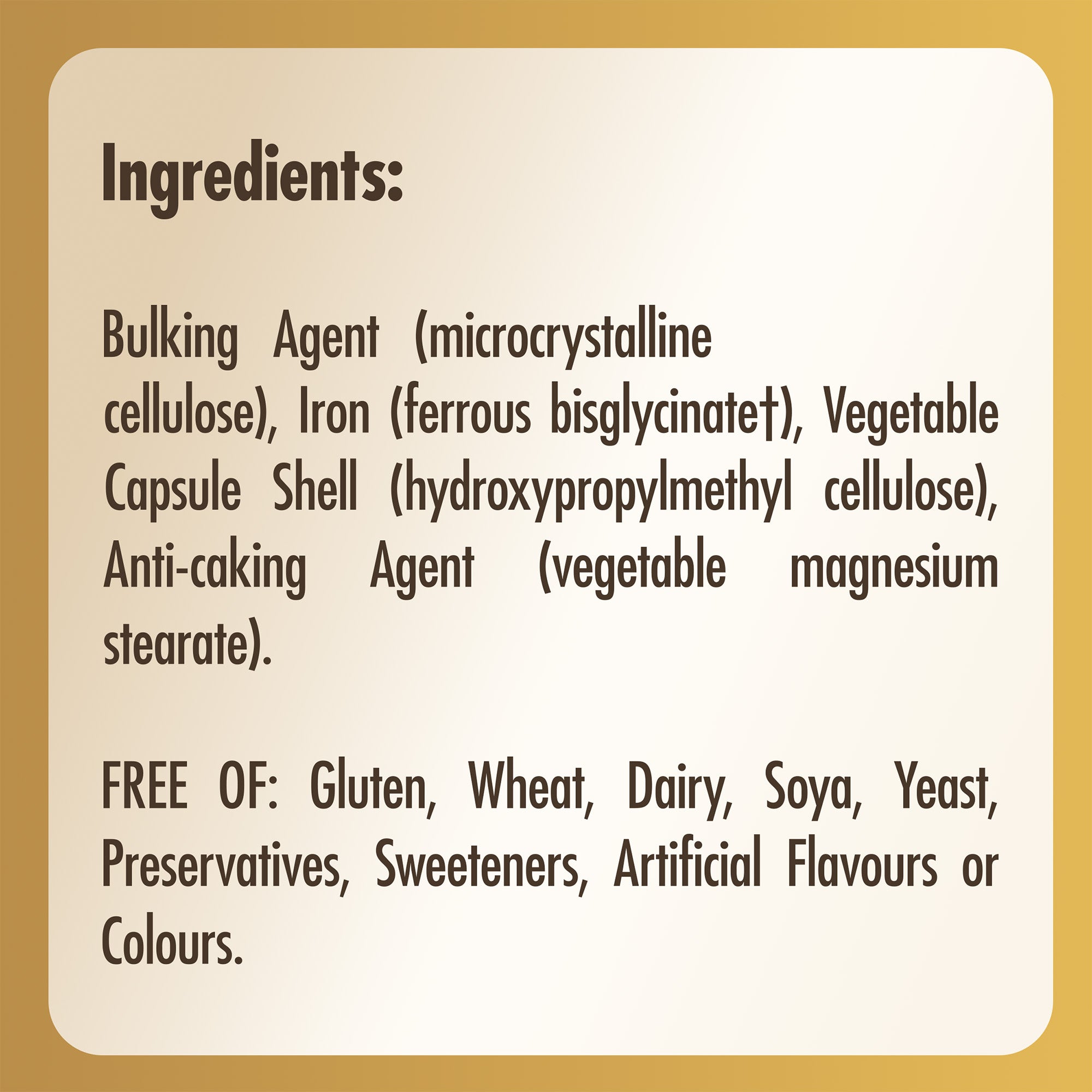 List of ingredients label for a bottle of Solgar Gentle Iron supplements