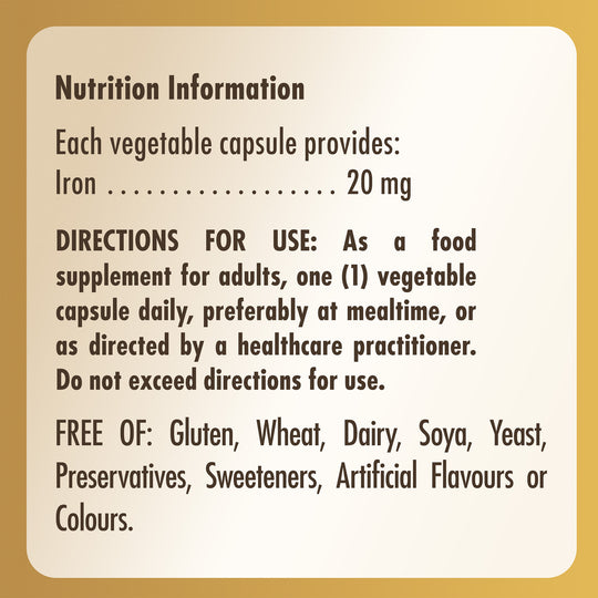 Nutrition information label for a bottle of Solgar Gentle Iron supplements