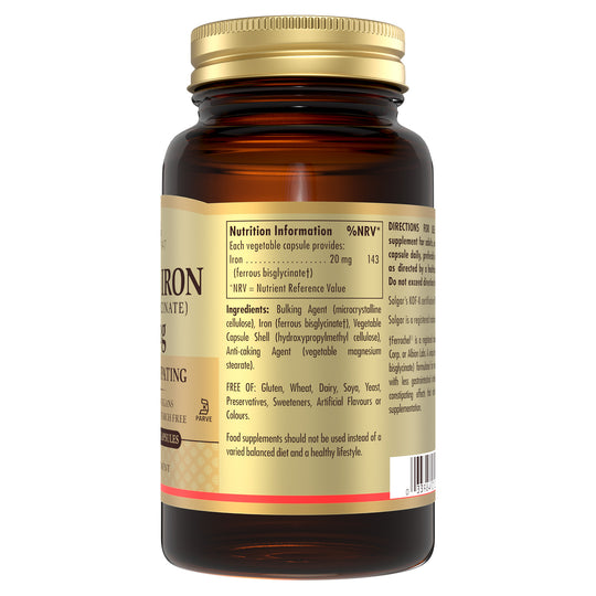 Nutrition information label on a bottle of Solgar Gentle Iron supplements