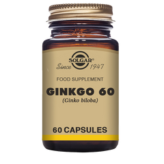 A glass bottle of Solgar Ginkgo 60 vegetable capsules containing 60 capsules