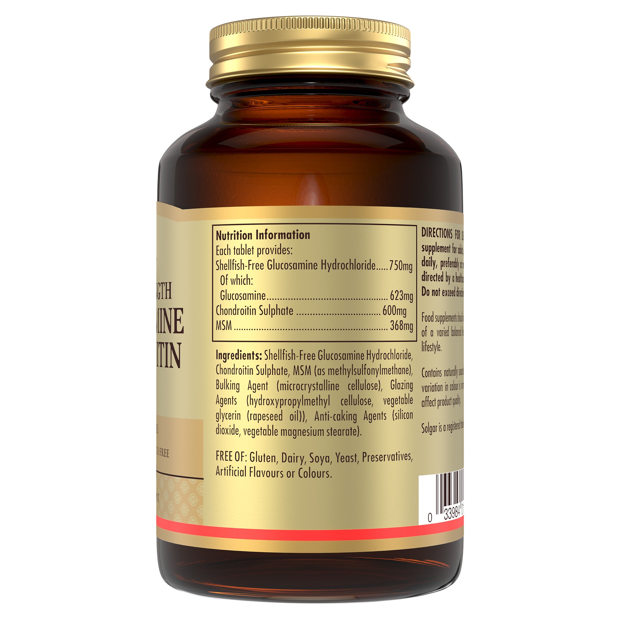 Nutrition information on a Solgar Extra Strength Glucosamine Chondroitin MSM supplement bottle