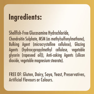Ingredients list for a Solgar Extra Strength Glucosamine Chondroitin MSM supplement bottle