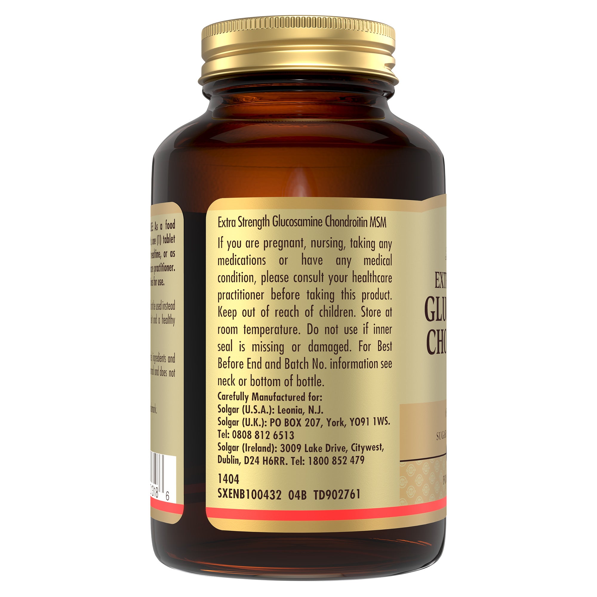 Side view of a Solgar Extra Strength Glucosamine Chondroitin MSM supplement glass bottle