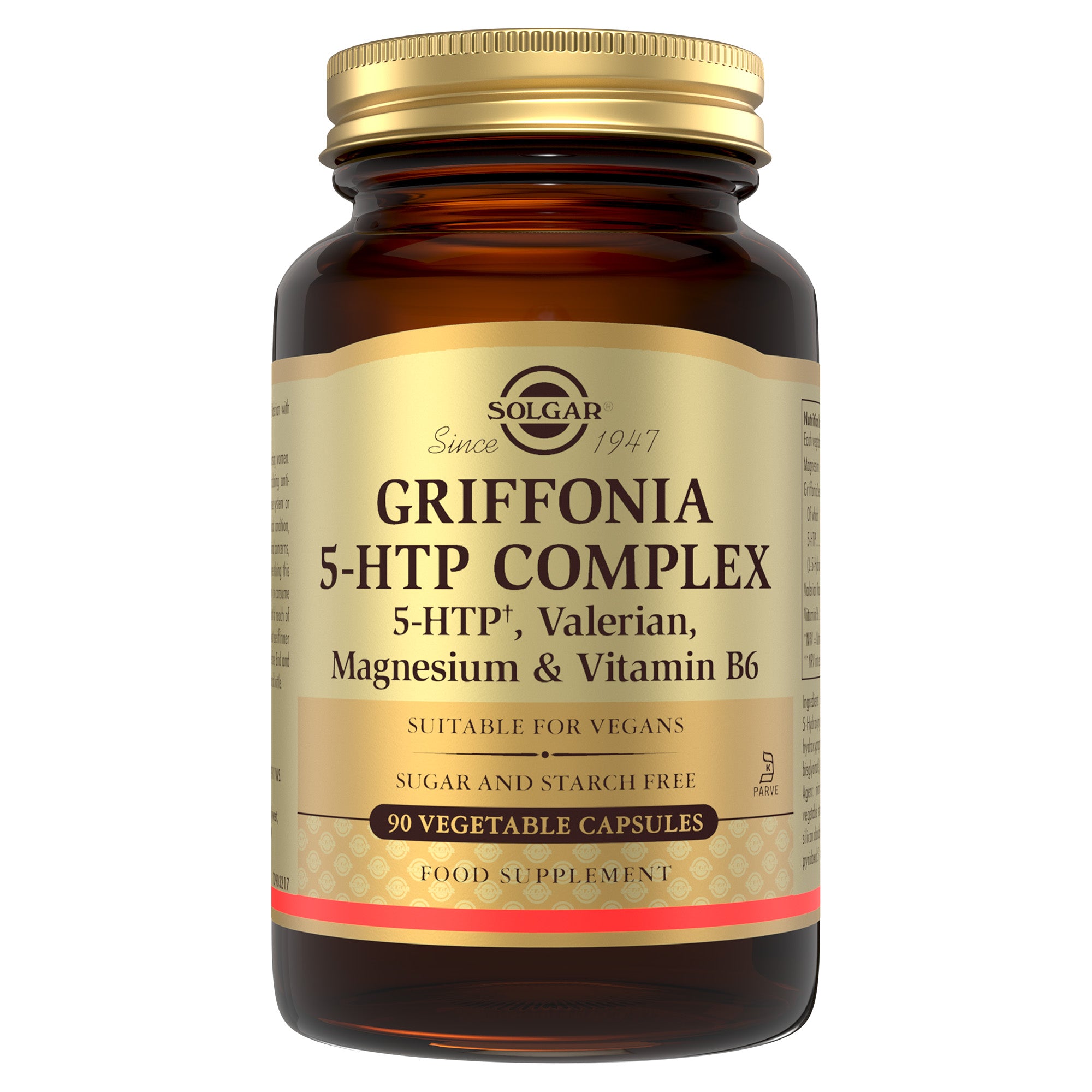 Solgar Griffonia 5-HTP Complex supplements in a glass bottle with a gold lid