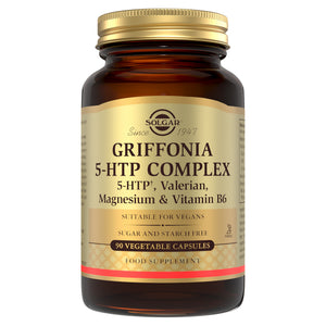 Solgar Griffonia 5-HTP Complex supplements in a glass bottle with a gold lid