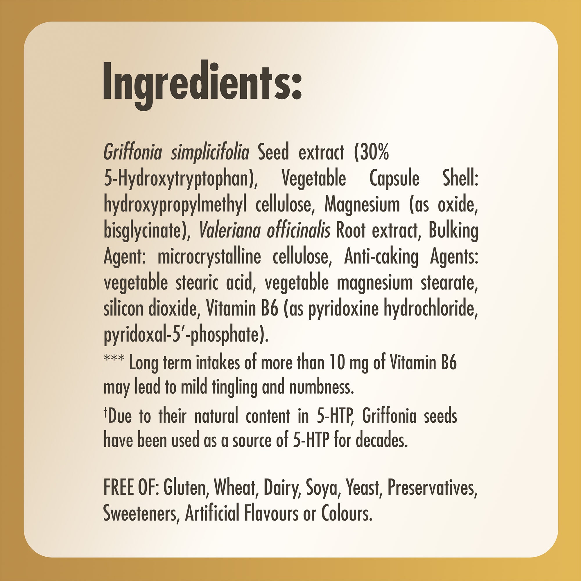 Inredients list label for a bottle of Solgar Griffonia 5-HTP Complex supplements