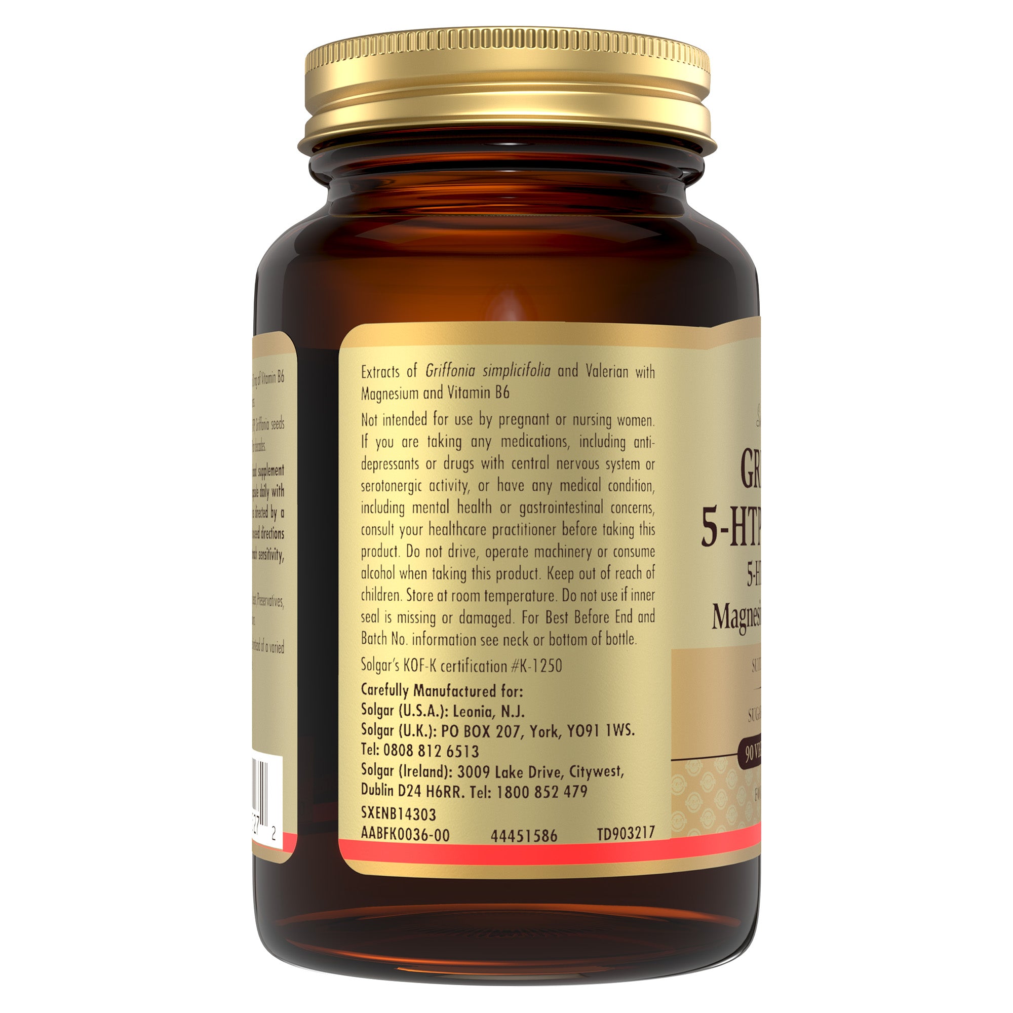 Side view of a bottle of Solgar Griffonia 5-HTP Complex supplements containing product information