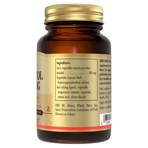 Solgar Inositol 500 MG supplement glass bottle showing the ingredients on a label 