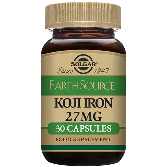 Solgar Earth Source Food Fermented Koji Iron capsules in a glass bottle with a gold lid