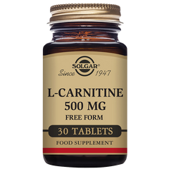 A glass bottle of Solgar L-Carnitine 500 mg Tablets with 30 tablets