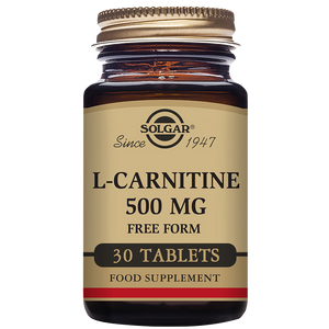 A glass bottle of Solgar L-Carnitine 500 mg Tablets with 30 tablets