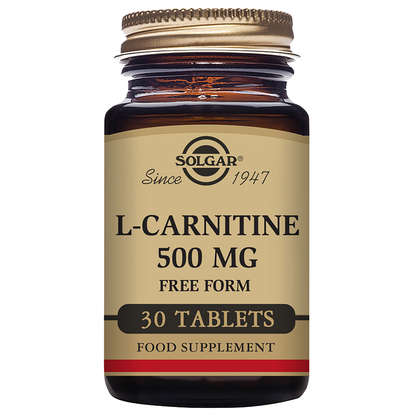 A glass bottle of Solgar L-Carnitine 500 mg Tablets with 30 tablets