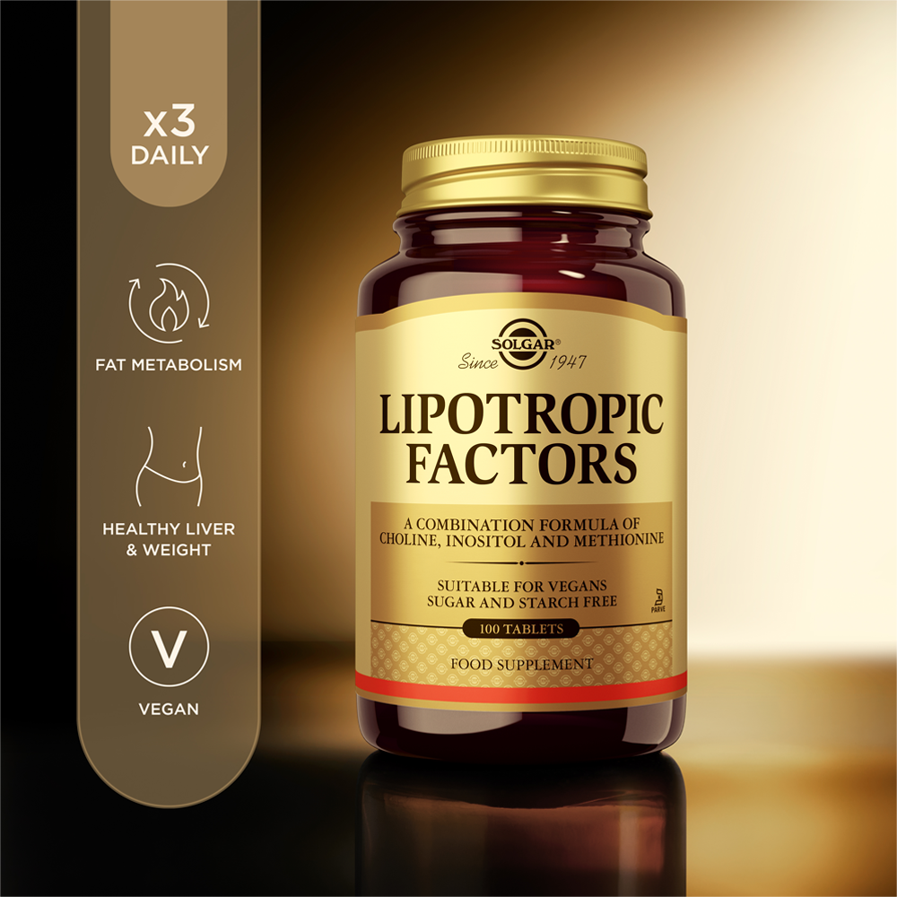 Solgar Lipotropic Factors Tablets in a glass jar with some product information beside