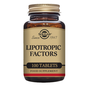 Solgar Lipotropic Factors Tablets in a glass jar with a gold lid
