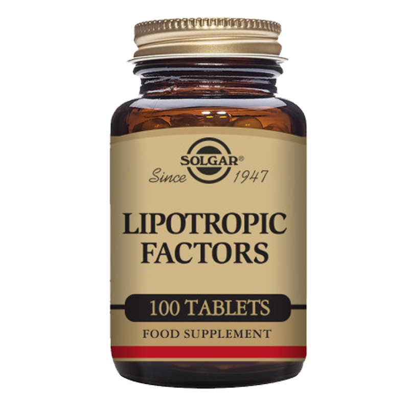 Solgar Lipotropic Factors Tablets in a glass jar with a gold lid