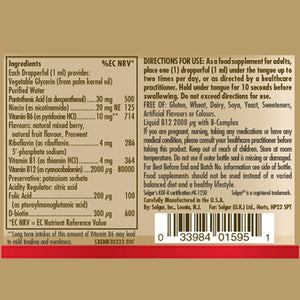 Directions for use and ingredients list for a bottle of Solgar Liquid B12 2000 mcg with B-Complex