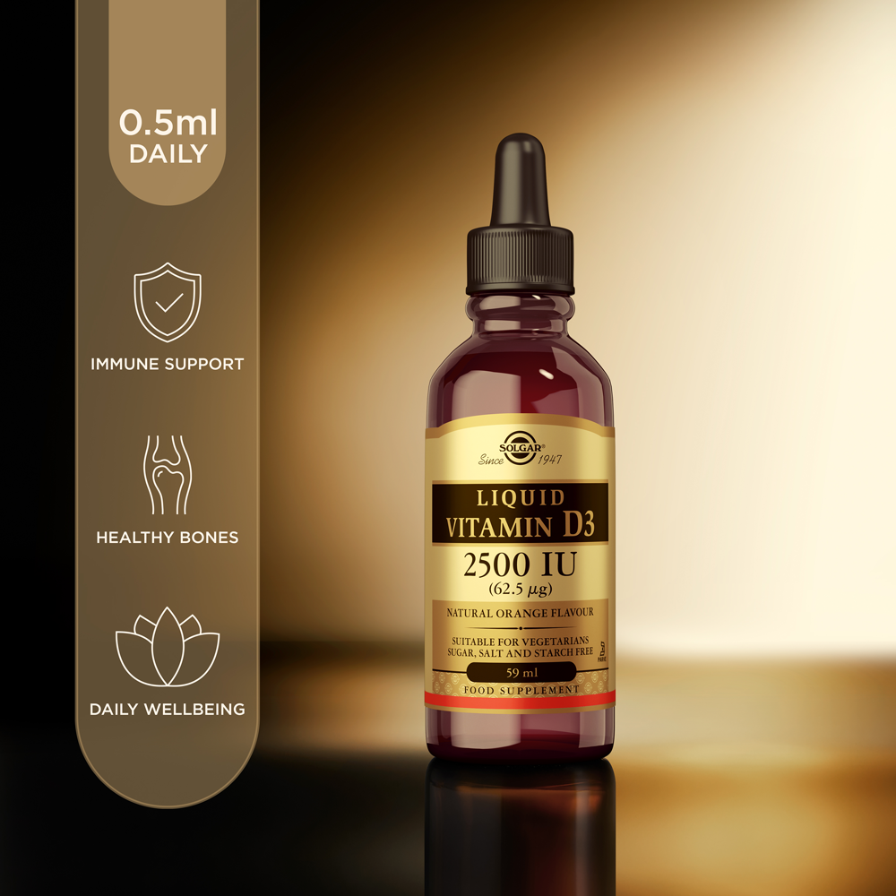 Solgar Liquid Vitamin D3 2500 IU Orange Flavour food supplement in a bottle with some product information beside it