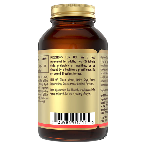 Directions for use on a glass bottle of Solgar Magnesium Citrate supplements