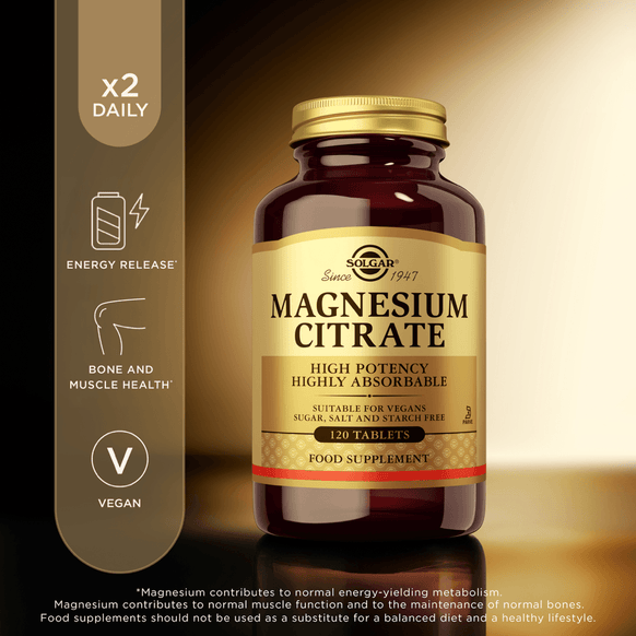 Solgar Magnesium Citrate glass bottle with some product information beside