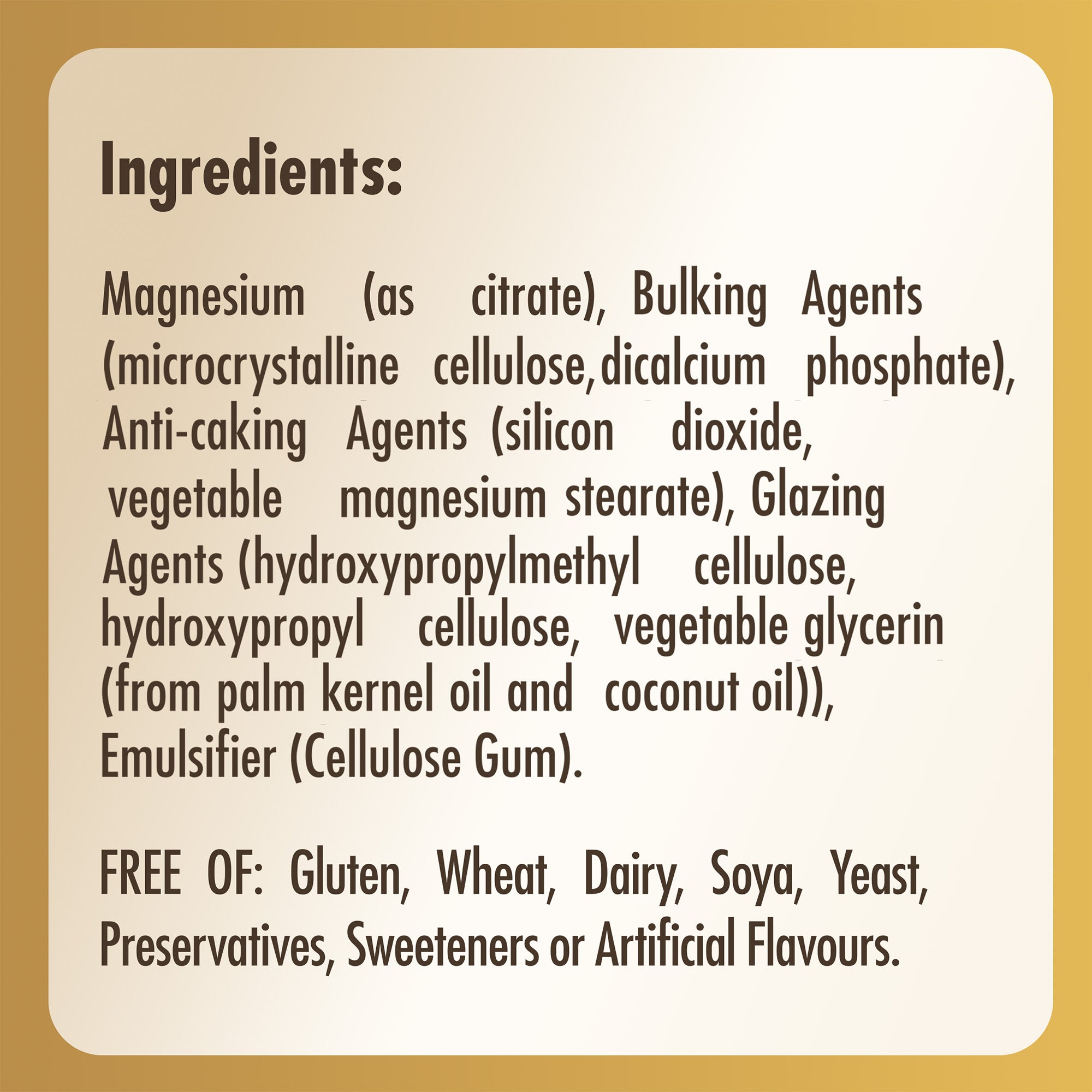 Ingredients label for a Solgar Magnesium Citrate supplement bottle 