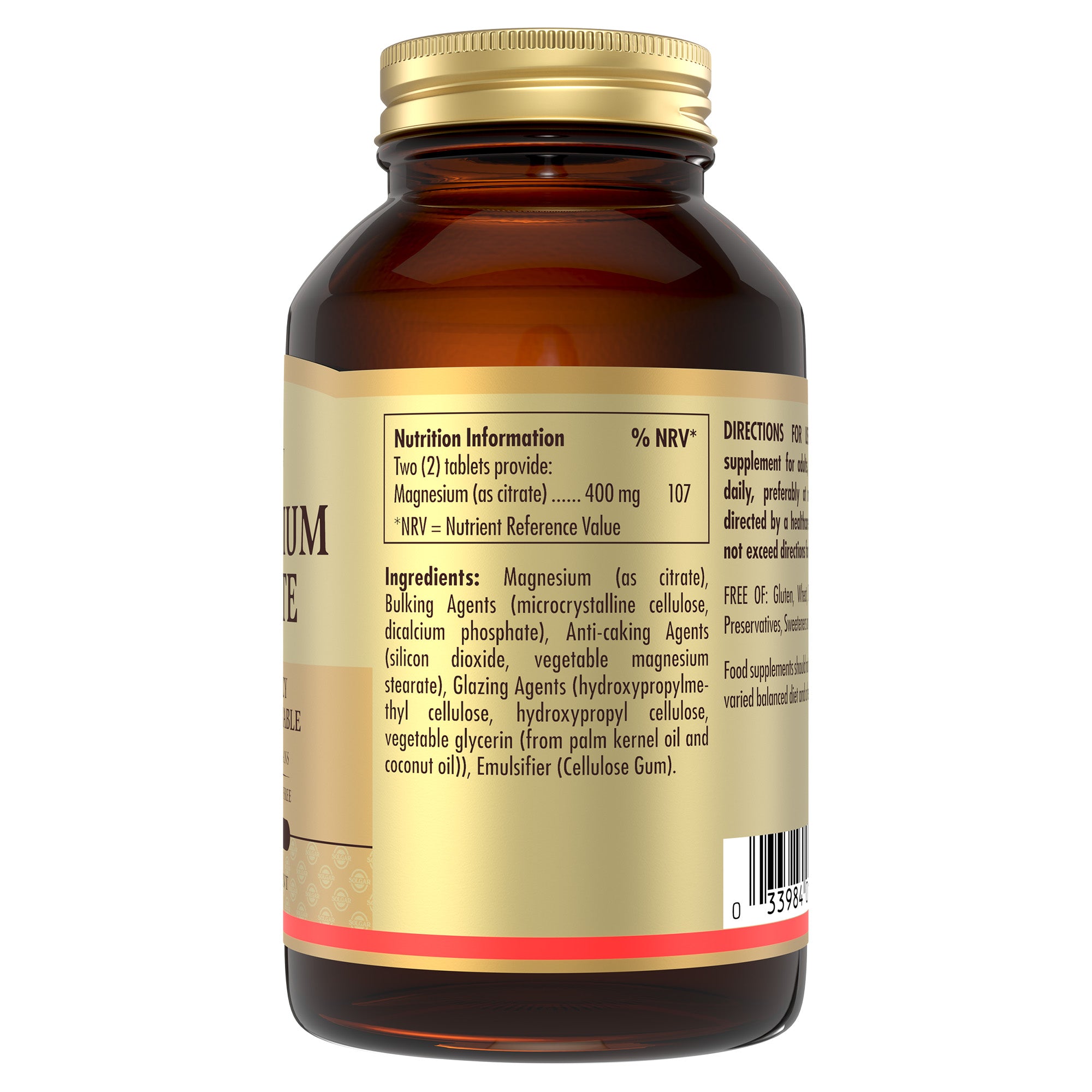 Nutrition information on a glass bottle of Solgar Magnesium Citrate supplements