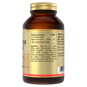Nutrition information on a glass bottle of Solgar Magnesium Citrate supplements