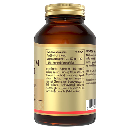 Nutrition information on a glass bottle of Solgar Magnesium Citrate supplements