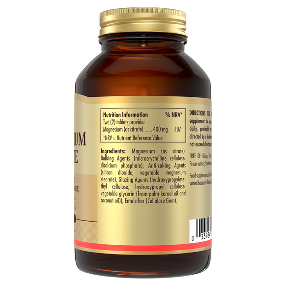 Nutrition information on a glass bottle of Solgar Magnesium Citrate supplements