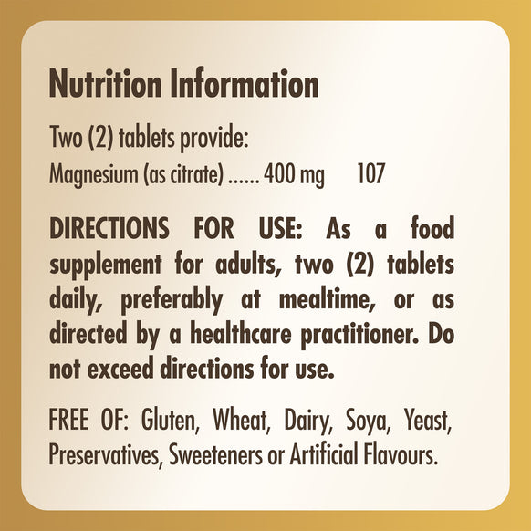 Nutrition information label for a Solgar Magnesium Citrate supplement bottle 