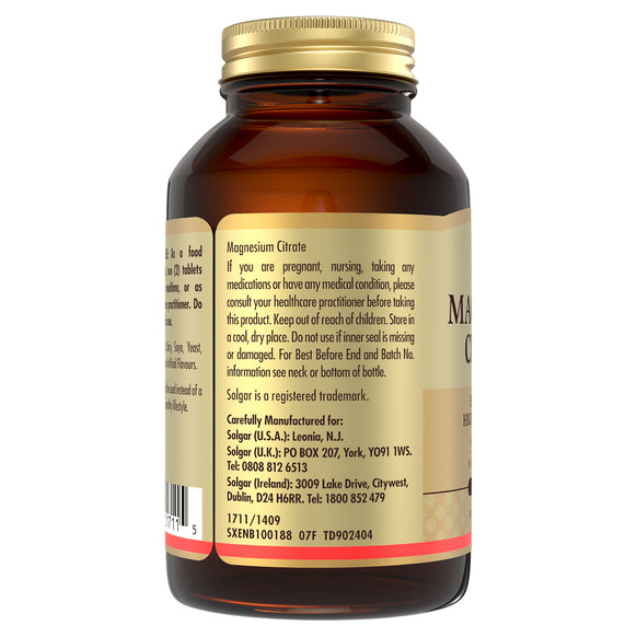 Side view of a Solgar Magnesium Citrate glass bottle with information 