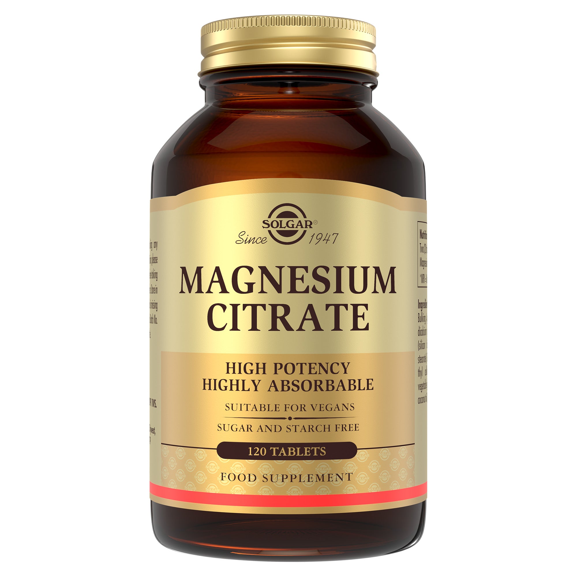 Solgar Magnesium Citrate supplements in a glass bottle with a gold lid