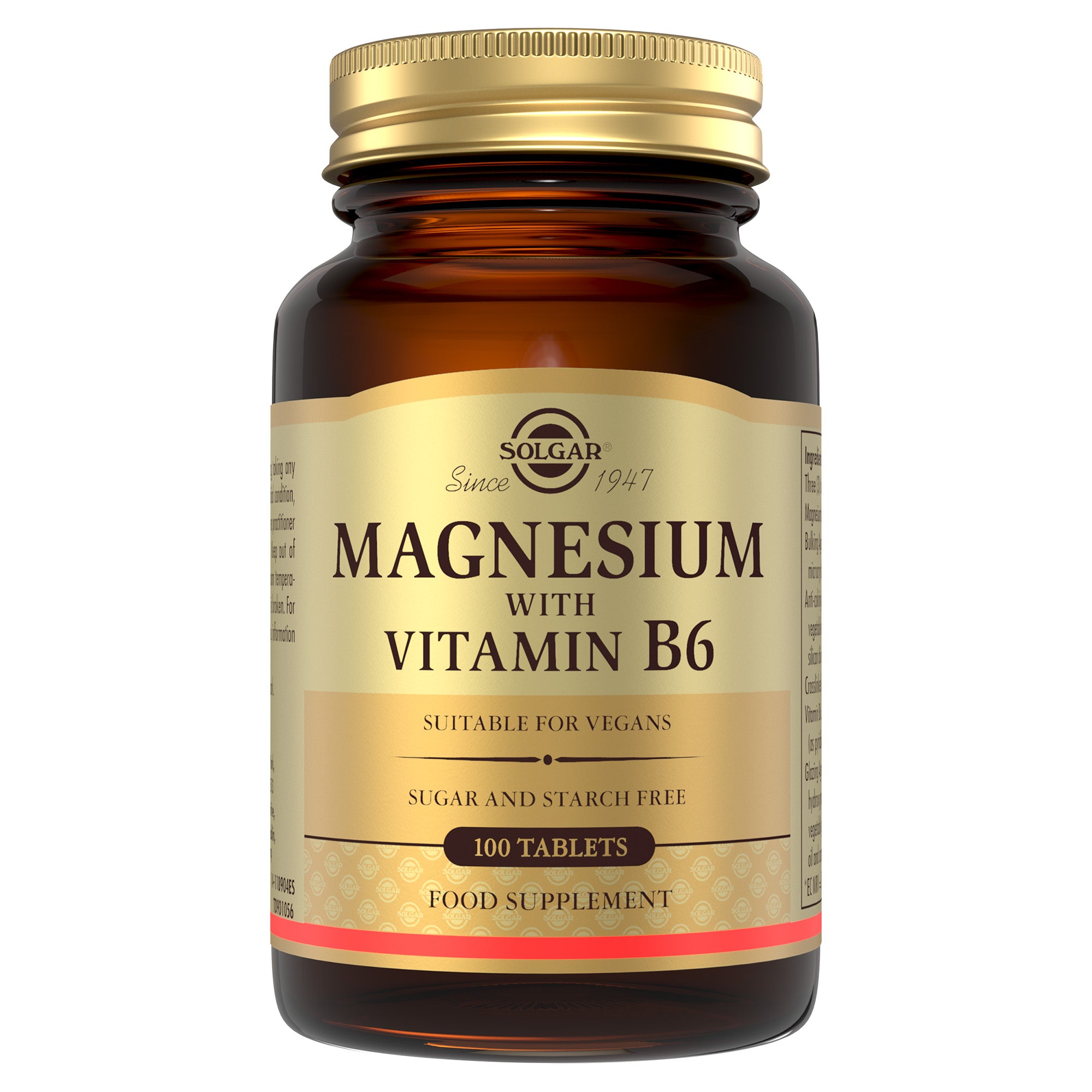 Solgar magnesium with vitamin B6 supplements in a glass bottle with a gold lid