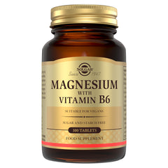 Solgar magnesium with vitamin B6 supplements in a glass bottle with a gold lid