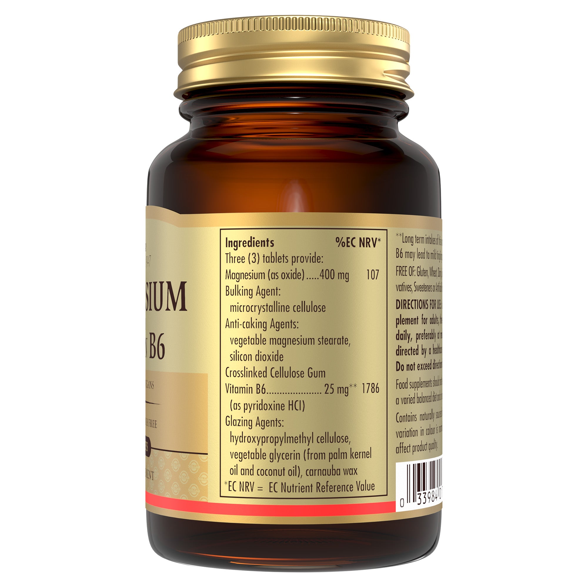 Ingredients list on a bottle of Solgar magnesium with vitamin B6 supplements
