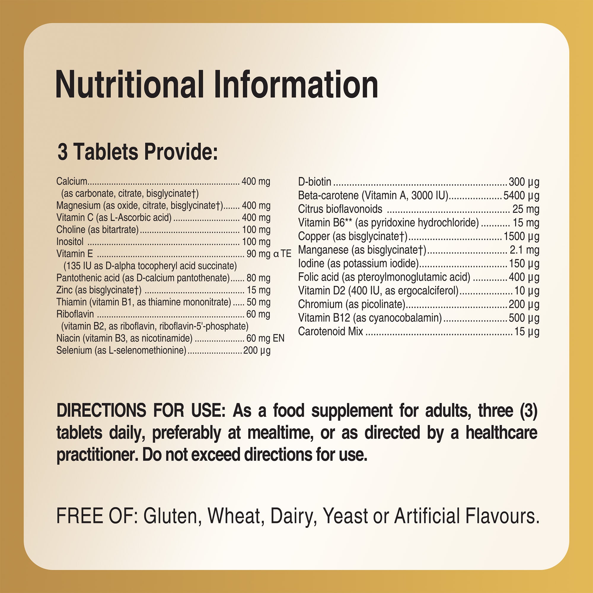 Directions for use and a nutrition information label for Solgar Male Multivitamin capsules
