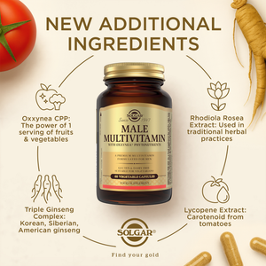 Solgar Male Multivitamin capsules in a glass bottle surrounded by ingredients such as a tomato