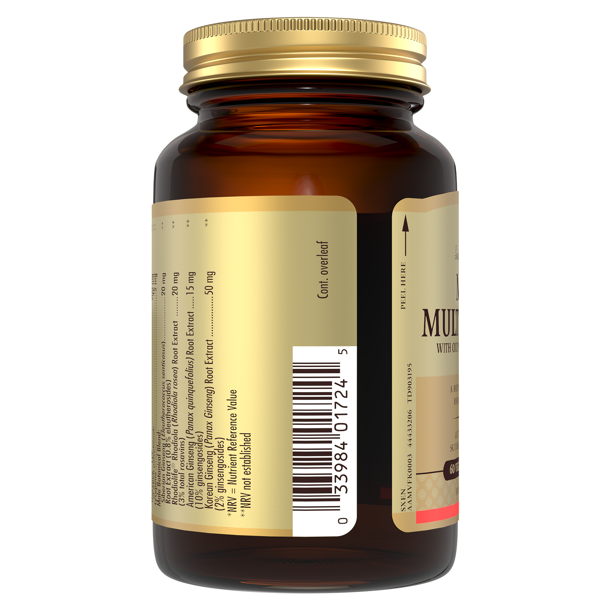Side view of a bottle of Solgar Male Multivitamin capsules with some product information