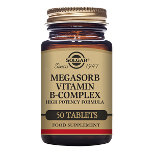 Solgar Megasorb Vitamin B-Complex High Potency Tablets in a glass jar with a gold lid