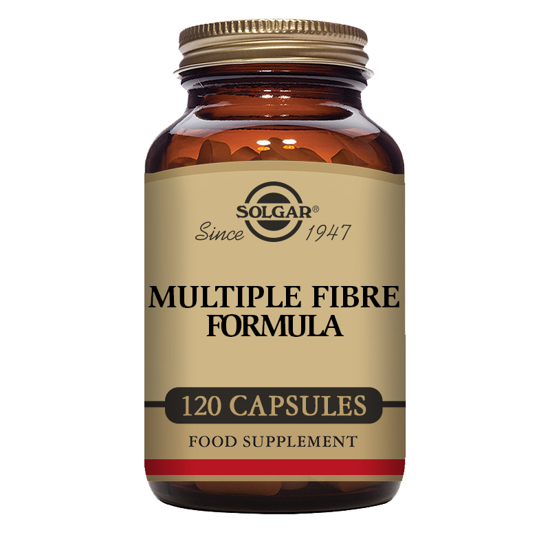A glass bottle of Solgar Multiple Fibre Formula vegetable capsules with 120 capsules