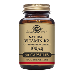 Solgar Natural Vitamin K2 MK-7 from Natto Extract vegetable capsules in a glass bottle
