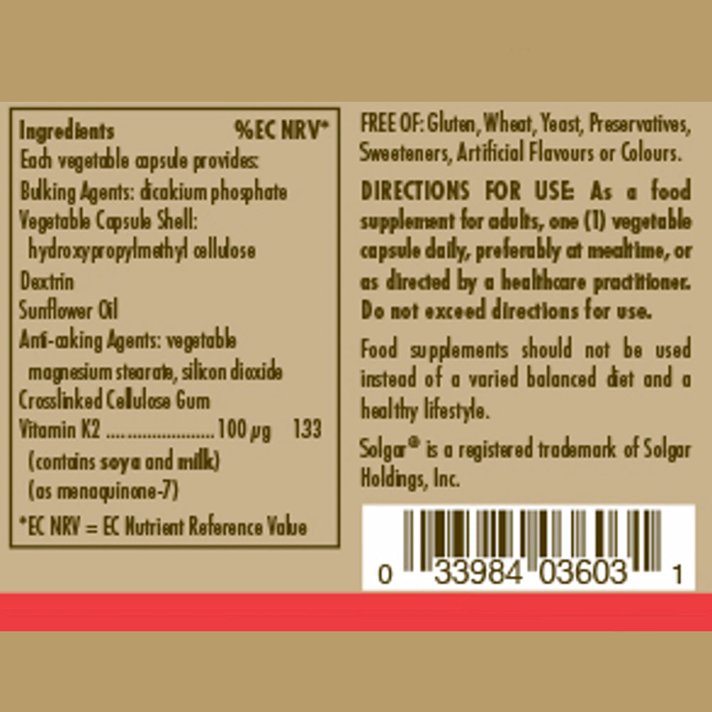 Ingredients and directions for use label for a Solgar Natural Vitamin K2 MK-7 from Natto Extract vegetable capsules bottle
