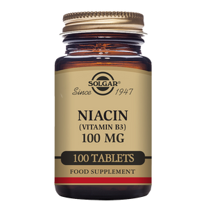 A glass bottle of Solgar Niacin (Vitamin B3) 100 mg tablets, containing 100 tablets, in a clear bottle with a label.