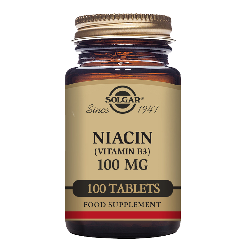 A glass bottle of Solgar Niacin (Vitamin B3) 100 mg tablets, containing 100 tablets, in a clear bottle with a label.