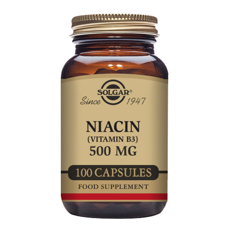 A glass bottle of Solgar Niacin (Vitamin B3) 500 mg vegetable capsules containing 100 capsules