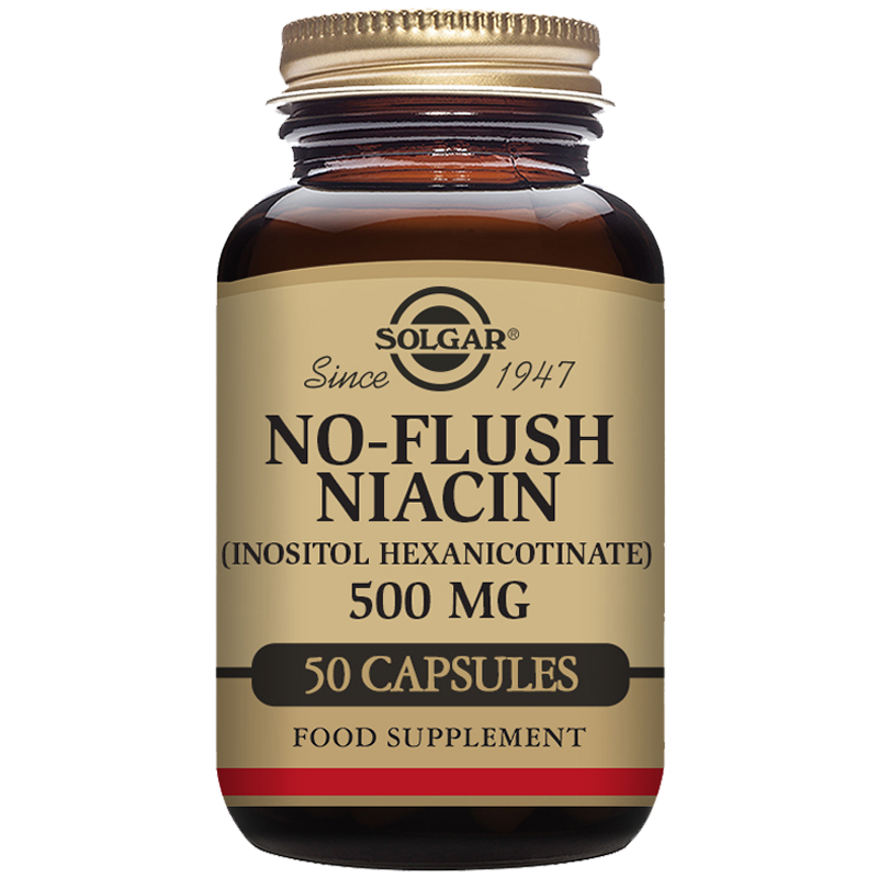 A bottle of Solgar No Flush Niacin 500 mg Vegetable Capsules with 50 capsules inside. 