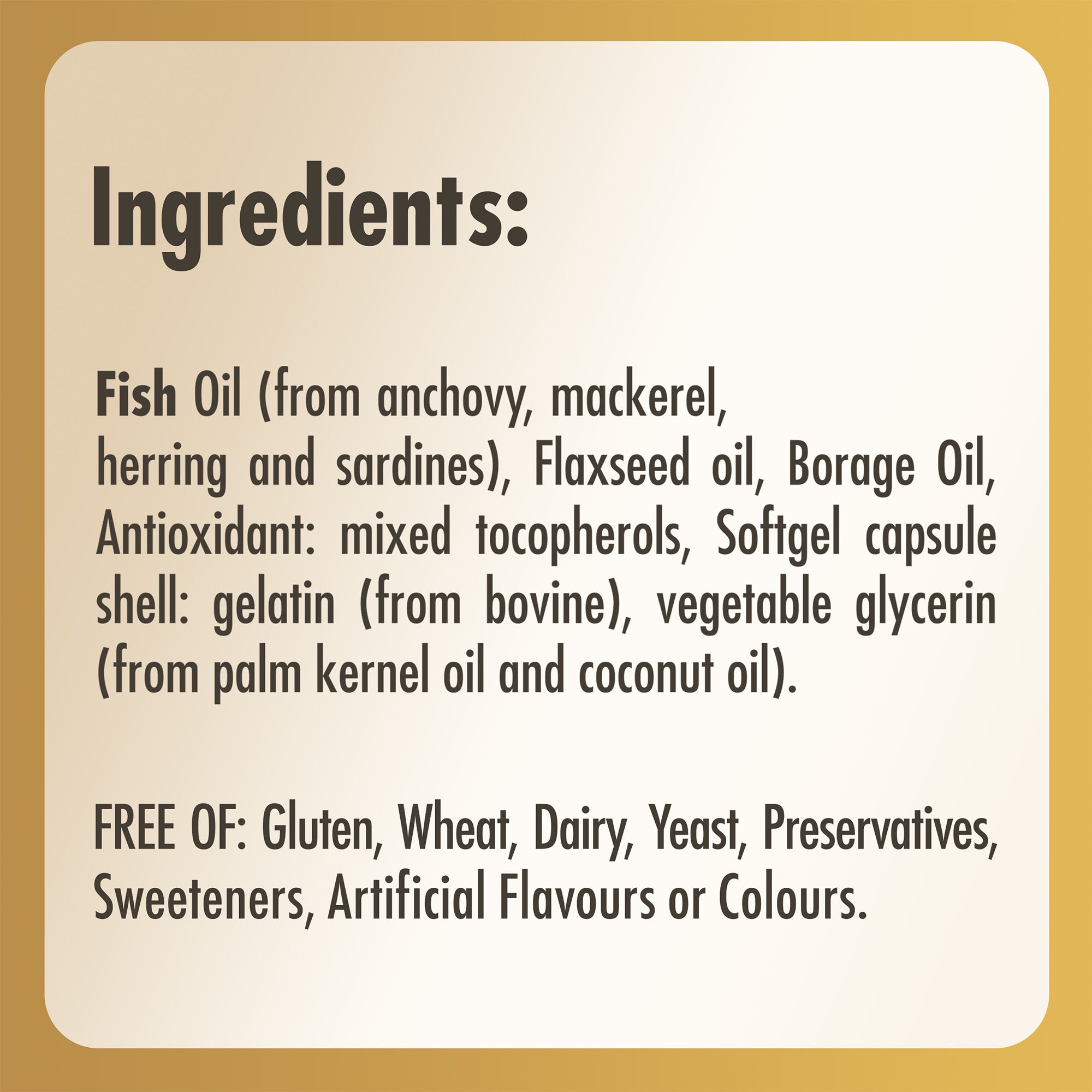 Ingredients label for a Solgar Omega 3-6-9 Fish Oil bottle